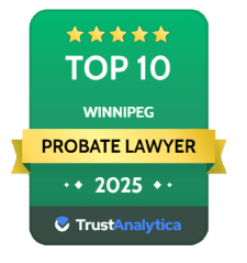 A green badge displays "Top 10 Winnipeg Probate Lawyer 2025" with five stars and the TrustAnalytica logo at the bottom.
